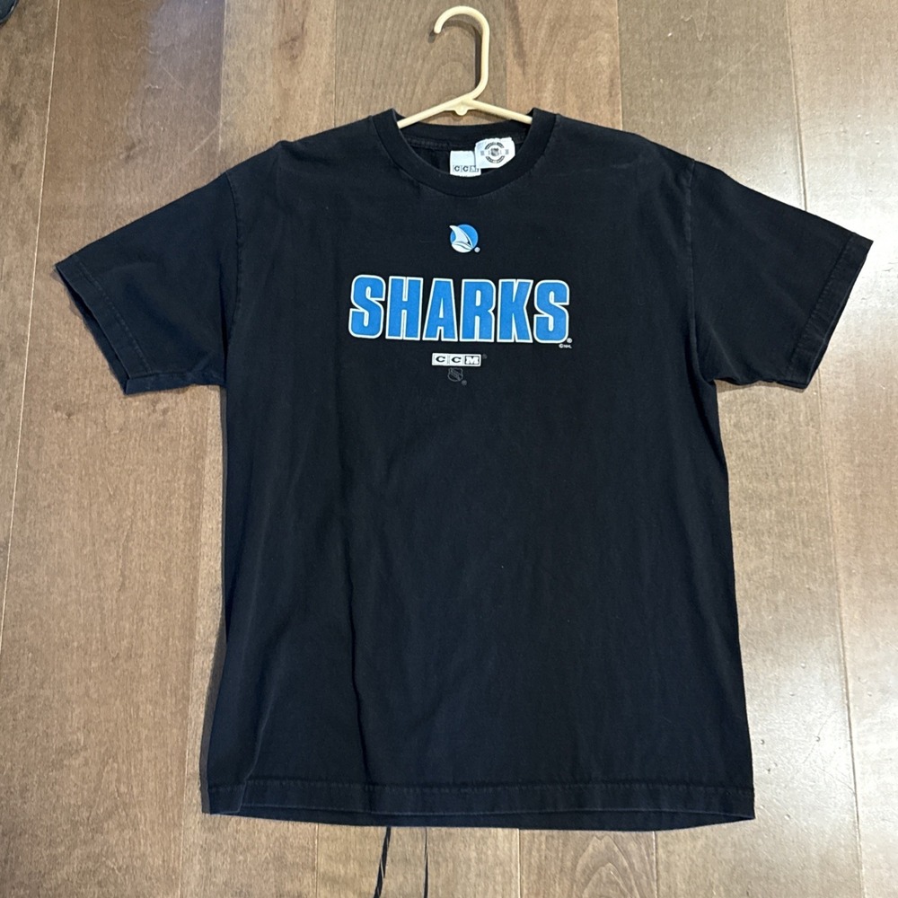 Vintage Y2K CCM San Jose Sharks T-Shirt Men's Large Black NHL Hockey Marked